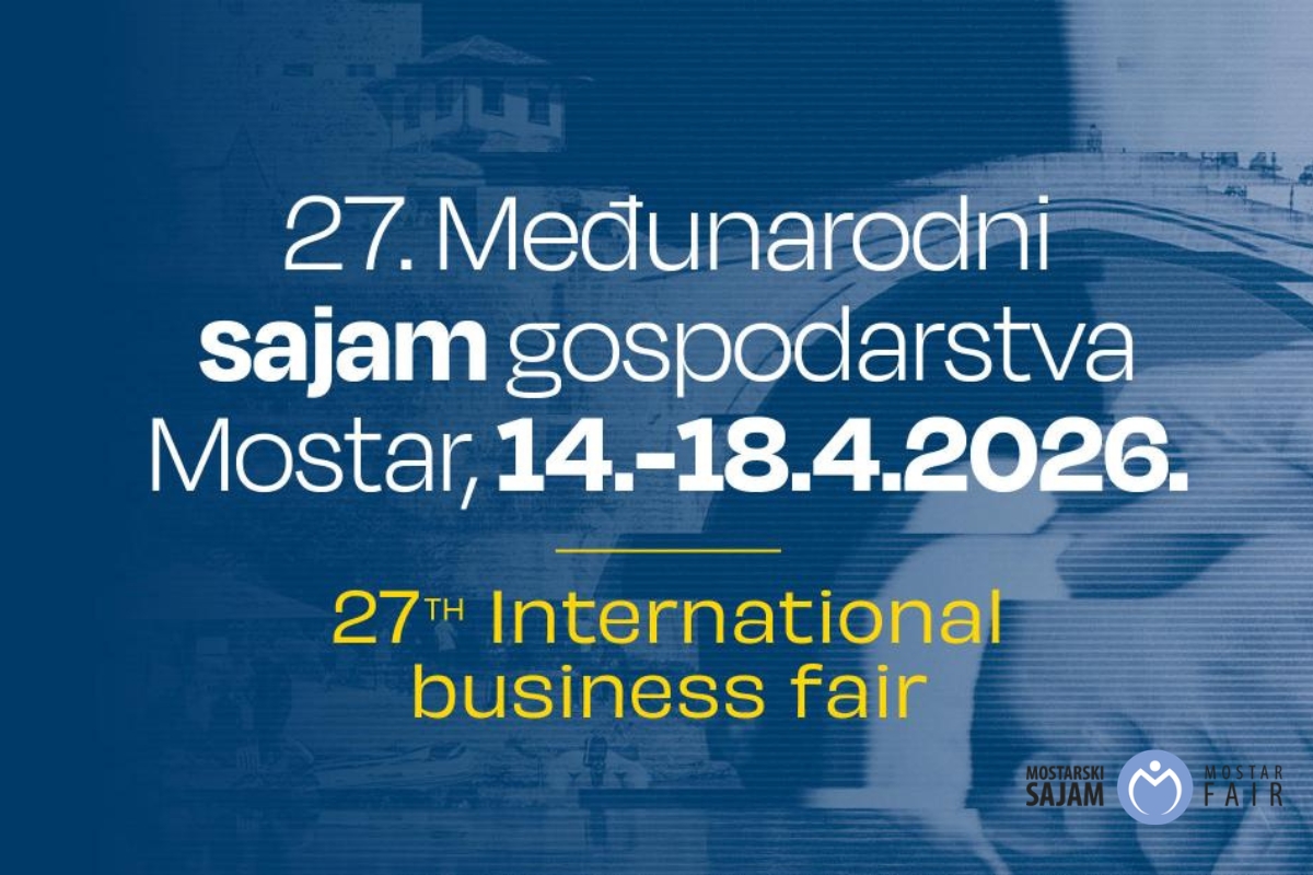 Međunarodni sajam gospodarstva Mostar 2026 – zvanični vizual 27. sajma (14–18. april) sa dvojezičnim tekstom na plavoj pozadini