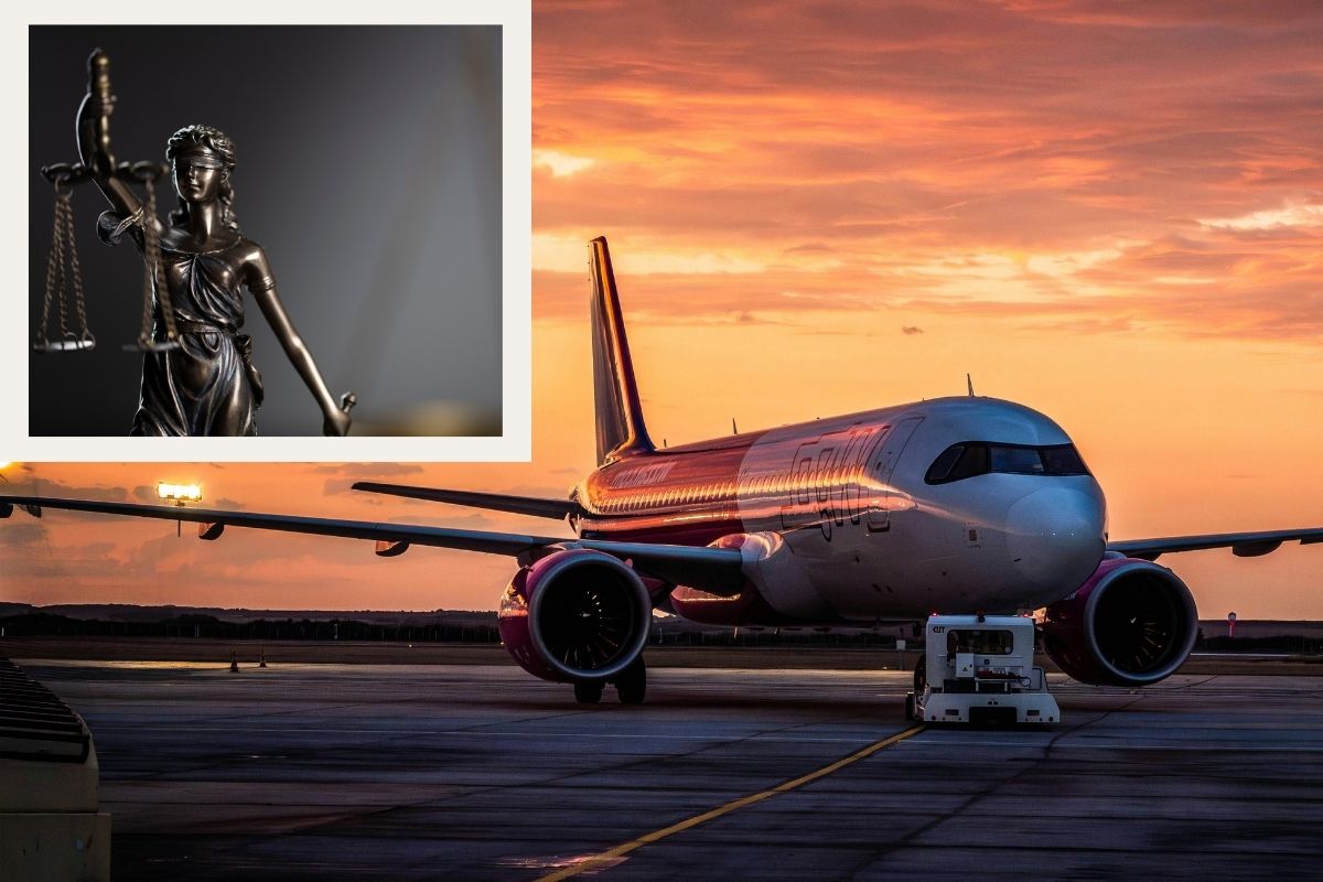 Avion na pisti i vaga pravde kao ilustracija odgovornosti avio-kompanija prema EU regulativi